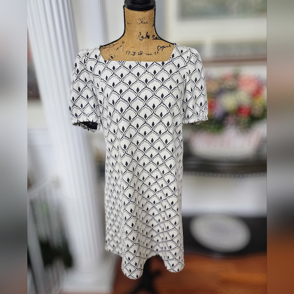 LOFT White Mini Sheath Dress with Puff Sleeves and Scoop Neck